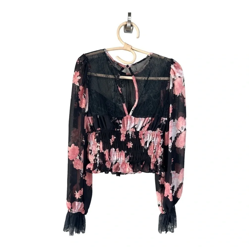 Free People Daphne Black Pink Lace Bell Sleeve Smocked Crop Whimsigoth NEW